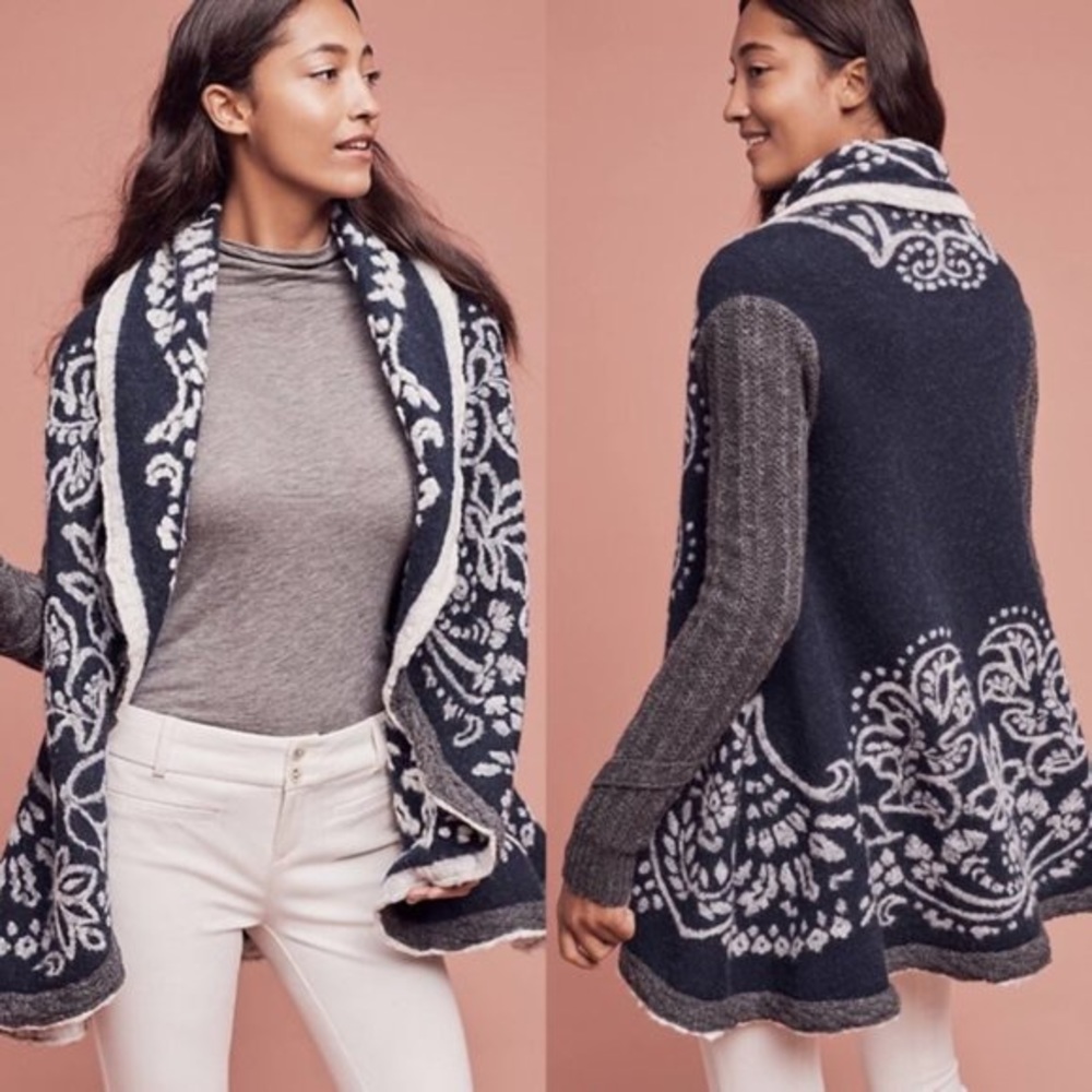 Anthropologie Navy and Ivory Patterned Open Cardigan Sweater